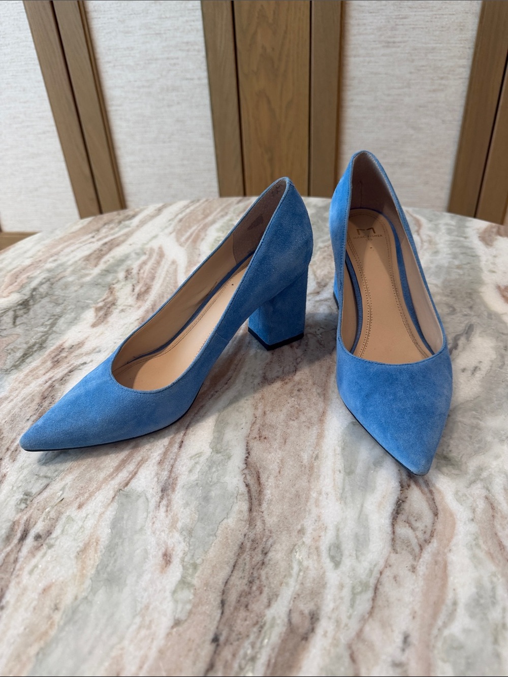 Marc Fisher Blue Suede Pointed Block Heel Pumps